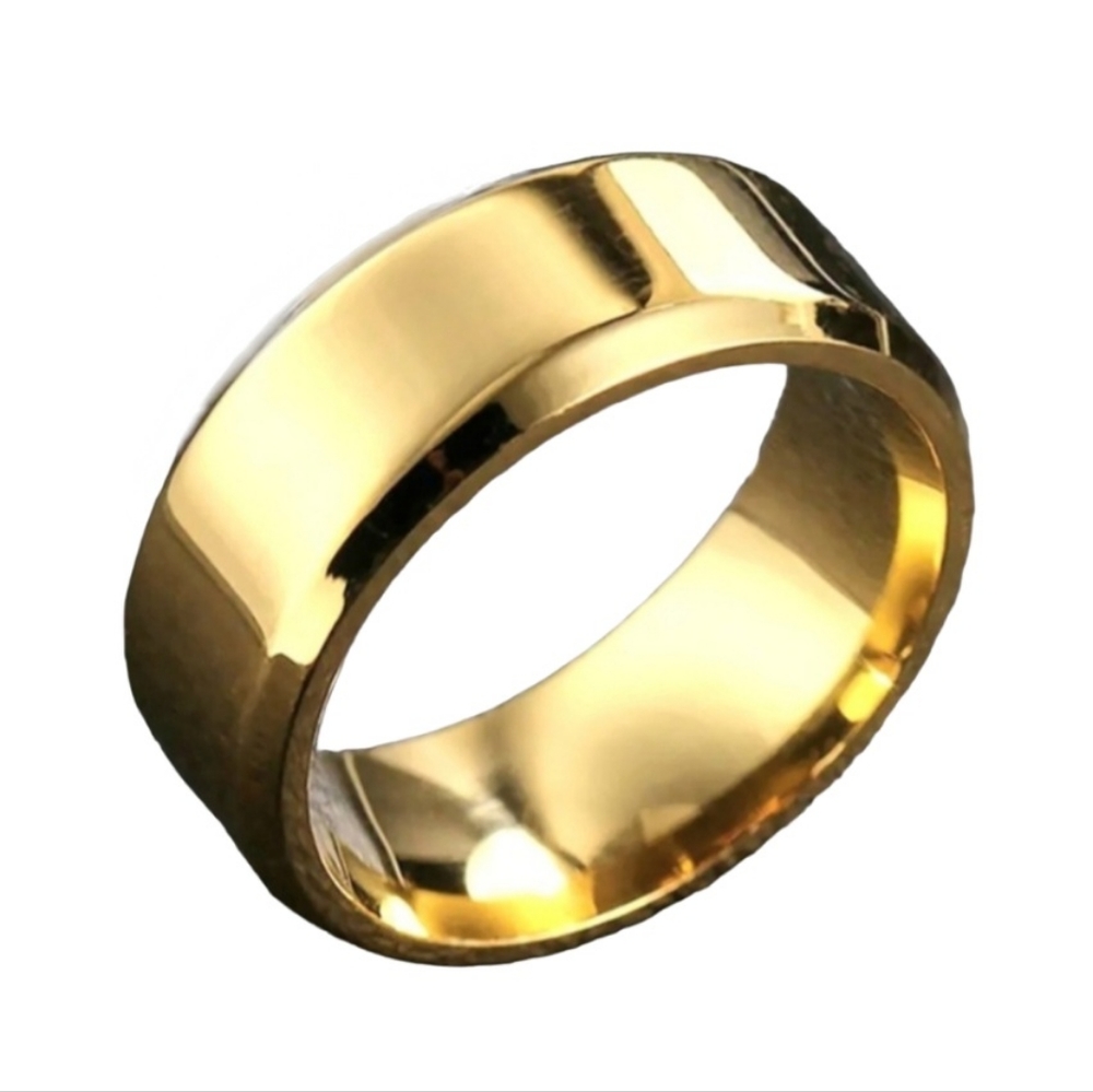 Gold Stainless Steel Beveled Edge 8mm Band Glossy Lightweight Comfy Ring